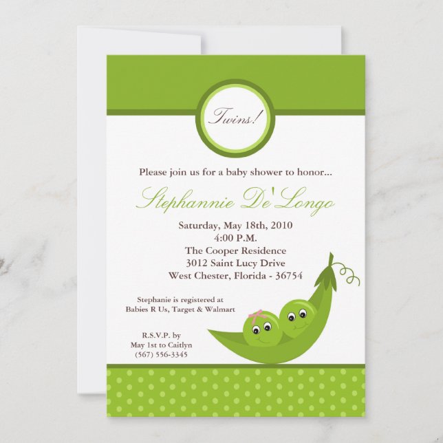 5x7 TWIN Boy Girl Peas Pod Baby shower Invitation (Devant)
