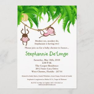 5x7 TWINS Monkey Jungle Baby Shower Invitation