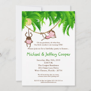 5x7 TWINS Monkey Jungle Invitation de fête d'anniv