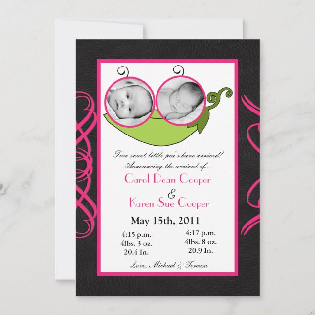 5x7 Twins Pea dans un Faire-part de naissance PHOT (Devant)