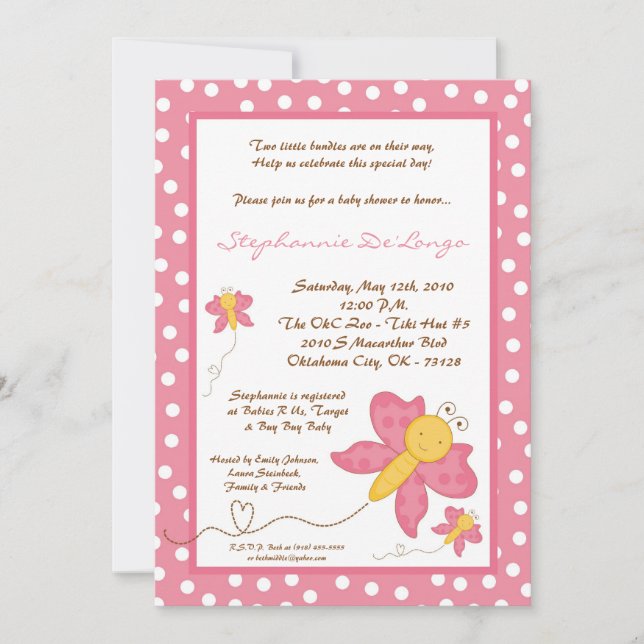 5x7 TWINS Pink Butterfly Baby Shower Invitation (Front)