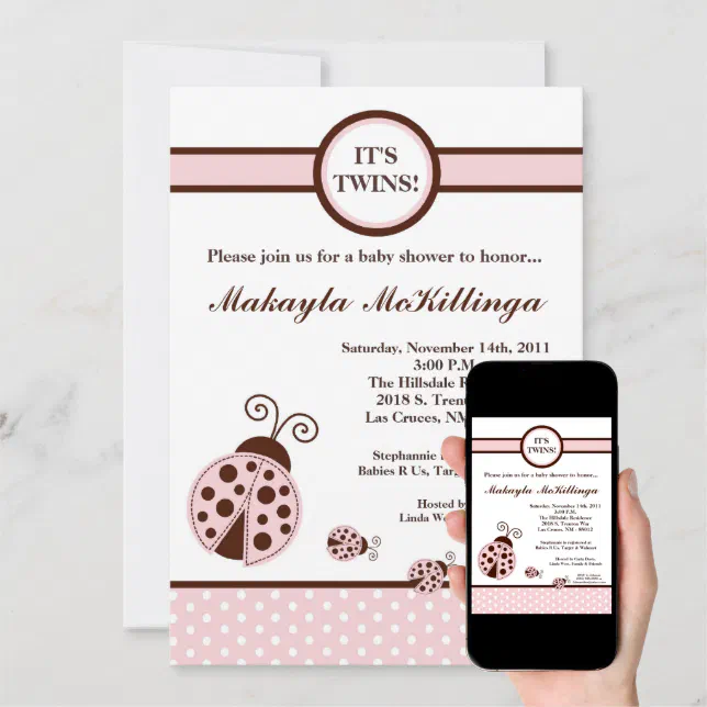 5x7 TWINS Pink Lady Bug Baby Shower Invitation Zazzle