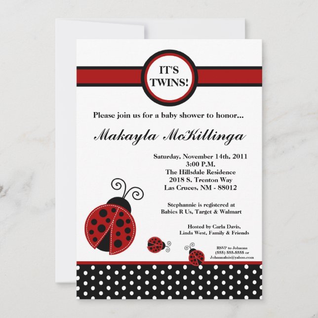 5x7 TWINS Red Lady Bug Baby Shower Invitation (Front)
