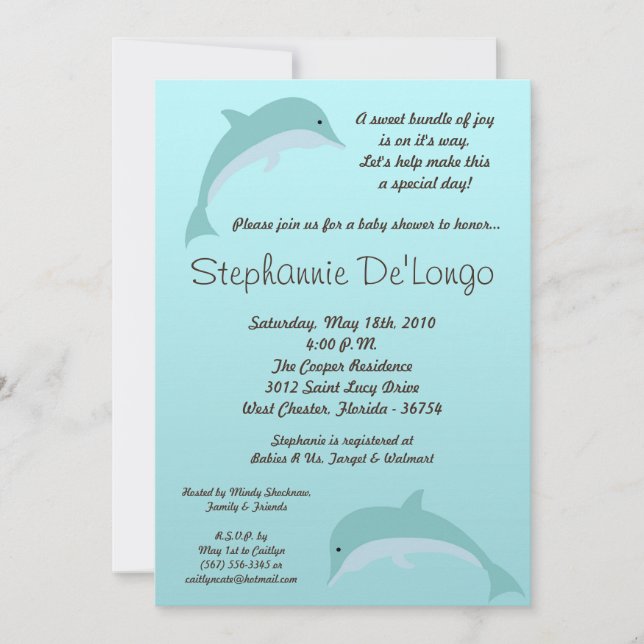 5x7 Under the Sea Dolphin Baby Shower Invitation (Front)