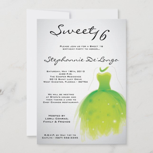 5x7 Vert robe douce 16 Anniversaire Invitation (Devant)