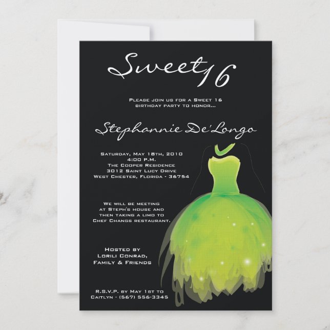 5x7 Vert robe douce 16 Anniversaire Invitation (Devant)