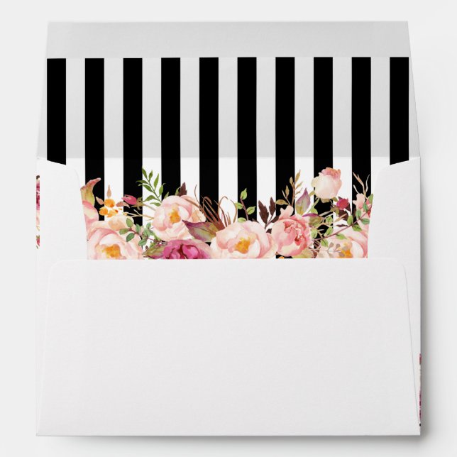 5x7 Vintage Floral Black White Stripes Wedding Envelopes (Back (Bottom))