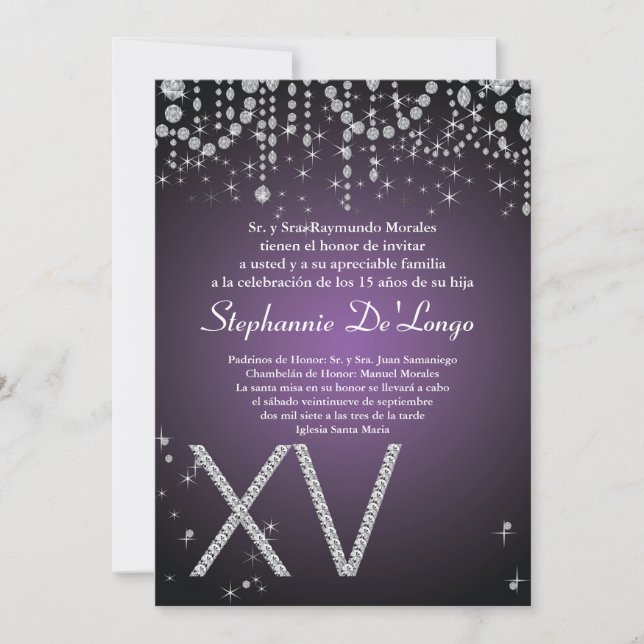 5x7 Violet Diamant Quinceanera Invitation Annivers (Devant)