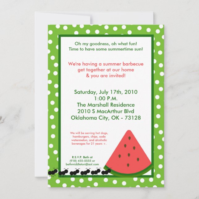 5x7 Watermelon Summer Picnic Barbecue Invitation (Devant)