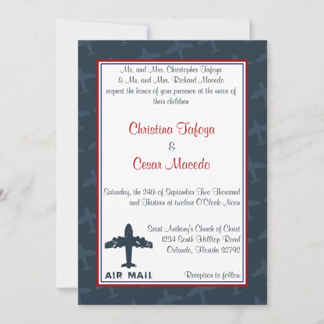 5x7 Wedding Invitation Airplane Flight Blue/Red (Front)
