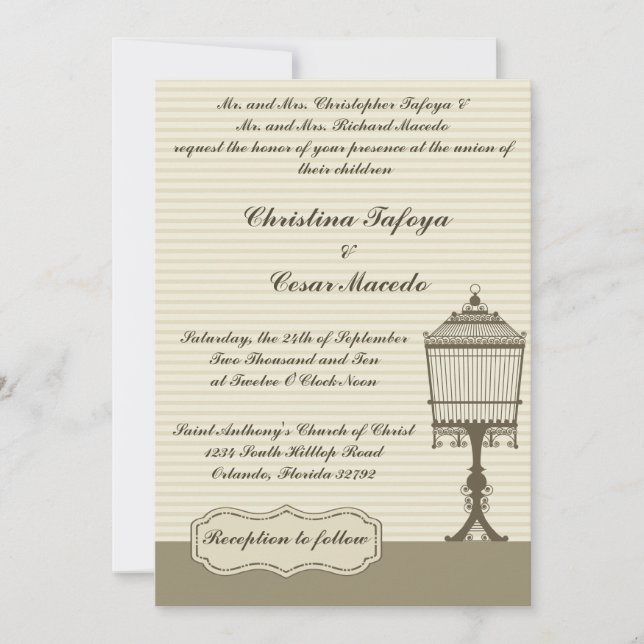 5x7 Wedding Invitation Birdcage/Grey Stripes (Front)