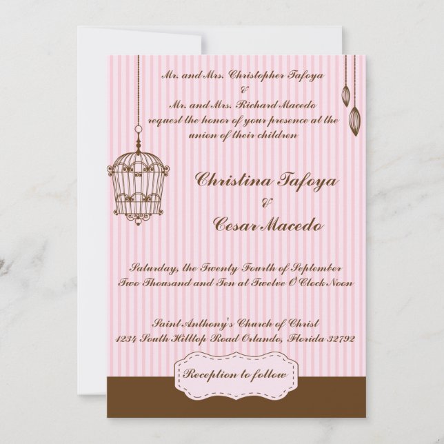 5x7 Wedding Invitation Birdcage/Pink Stripes (Front)