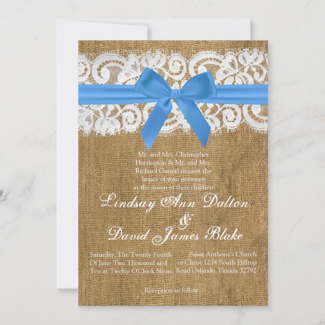 5x7 Wedding Invitation Blue Burlap Lace (Front)