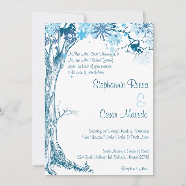 5x7 Wedding Invitation Blue Tree Snowflakes Winter (Front)