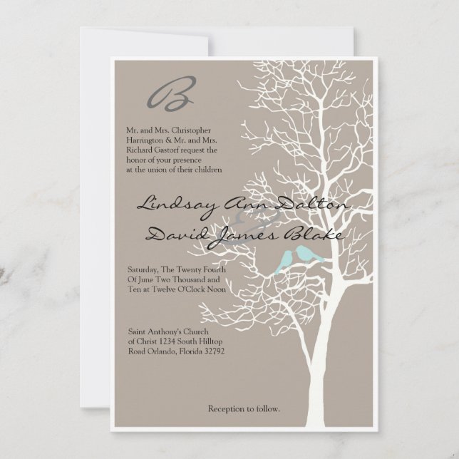 5x7 Wedding Invitation Grey Tree & Birds (Front)