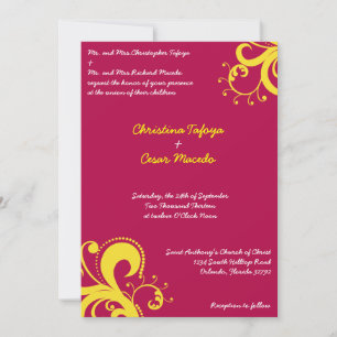 5x7 Wedding Invitation Hot Pink/Yellow Swirls