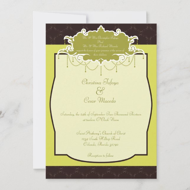 5x7 Wedding Invitation Light/Olive Green Chandelie (Front)