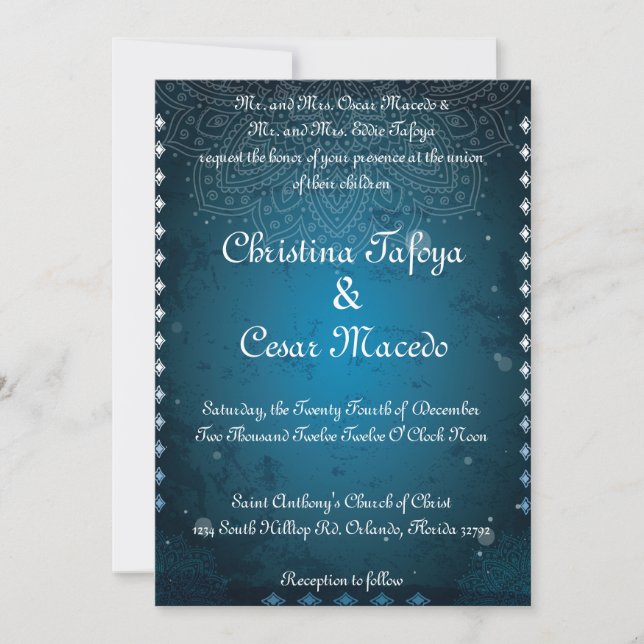 5x7 Wedding Invitation Moroccan Blue Indian India (Front)
