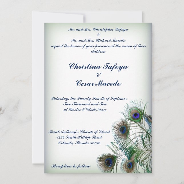 5x7 Wedding Invitation Peacock Feathers Blue/Green (Front)