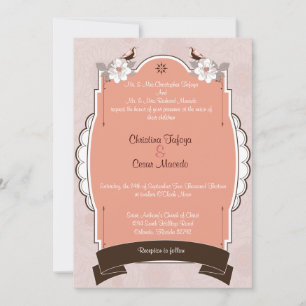 5x7 Wedding Invitation Pink/Brown Floral Love Bird