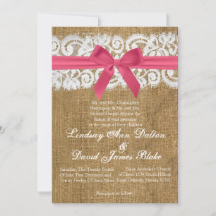 5x7 Wedding Invitation Pink Burlap Lace