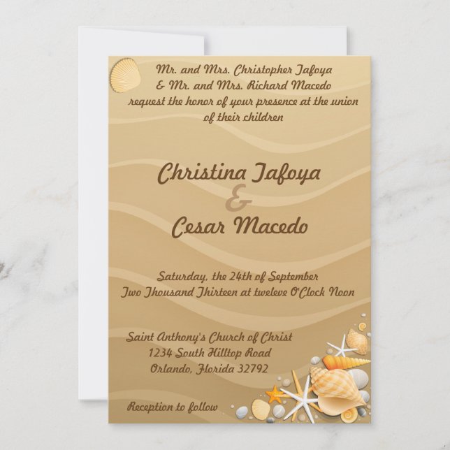 5x7 Wedding Invitation Seashells on Sandy Beach (Front)