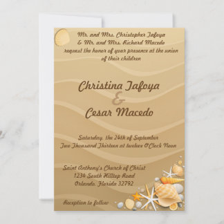 5x7 Wedding Invitation Seashells on Sandy Beach