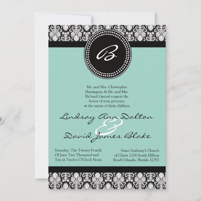 5x7 Wedding Invitation Teal & Black Damask (Front)
