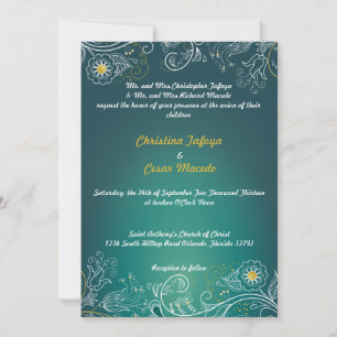 5x7 Wedding Invitation Teal/Yellow Mustard Floral