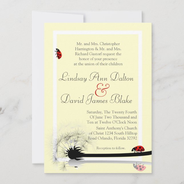 5x7 Wedding Invitation Yellow and Lady Bugs (Front)