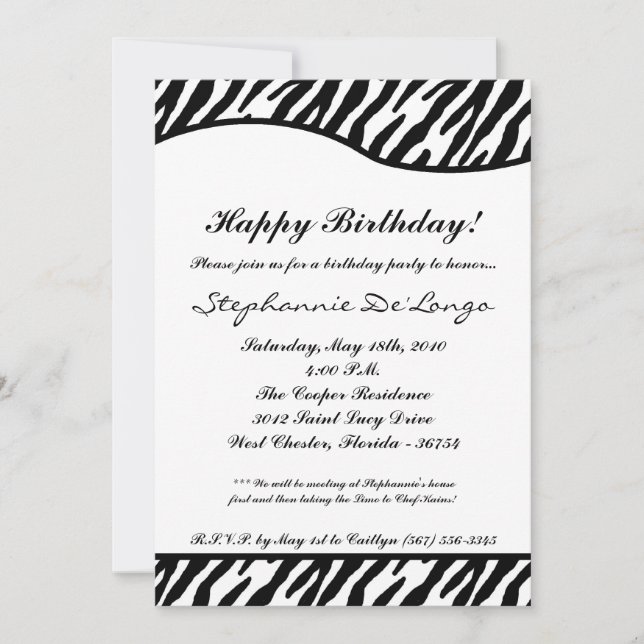 5x7 White & Black Zebra Birthday Party Invitation (Front)