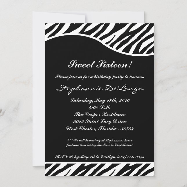 5x7 WhiteTiger Print Sweet16 Birthday Party Invite (Front)