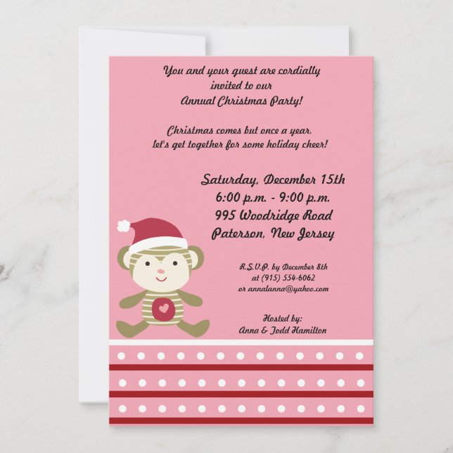 5x7 Winter Monkey in Santa Hat Invitation (Front)