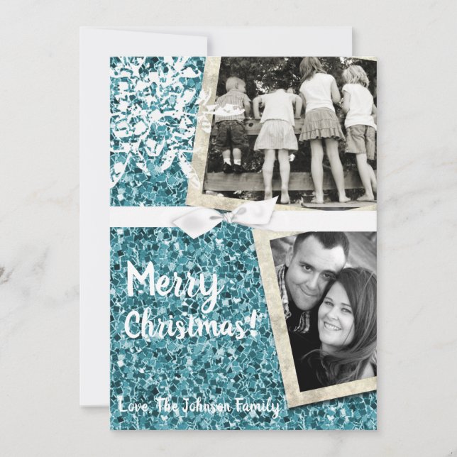 5x7  XMAS Christmas Blue Glitter Snowfl PHOTO Card (Front)