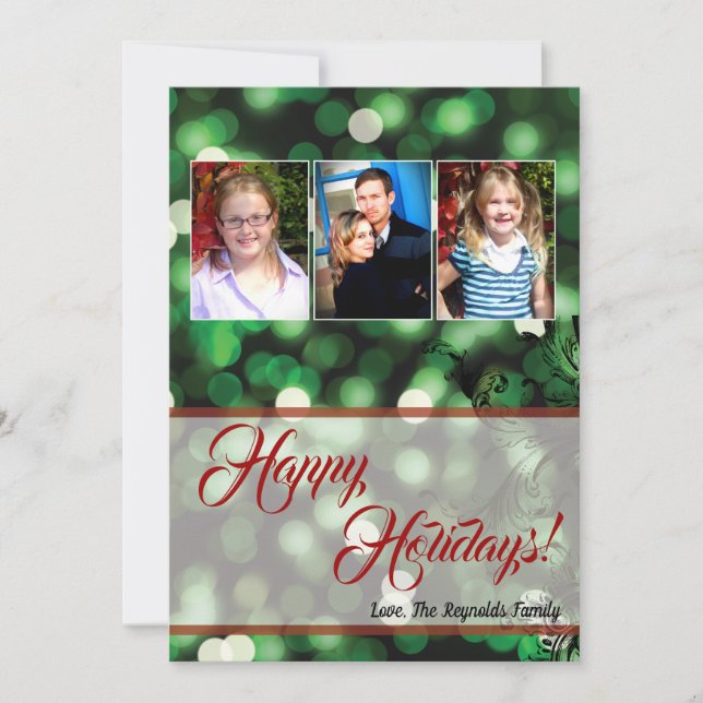 5x7 XMAS Christmas Green Bokeh Lights PHOTO Card (Front)