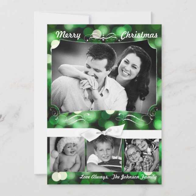 5x7 XMAS Christmas Green Bokeh Lights PHOTO Card (Front)