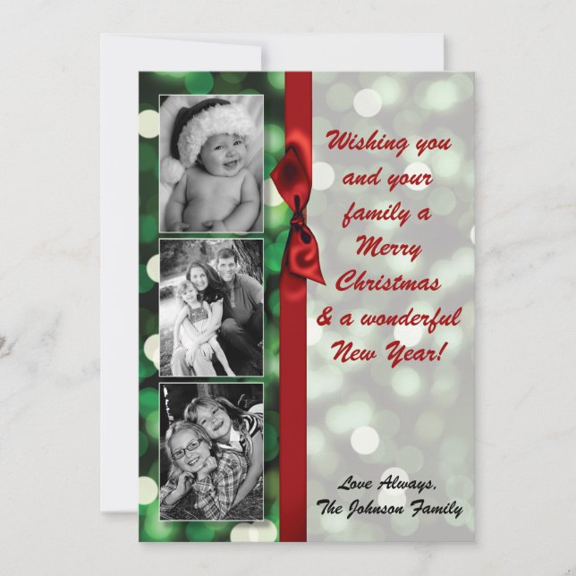 5x7 XMAS Christmas Green Bokeh Lights PHOTO Card (Front)