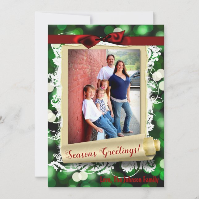 5x7 XMAS Noël Vert Bokeh Lumières Carte photo (Devant)