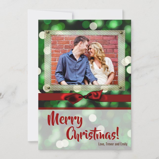 5x7 XMAS Noël Vert Bokeh Lumières Carte photo (Devant)