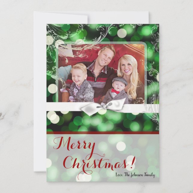 5x7 XMAS Noël Vert Bokeh Lumières Carte photo (Devant)