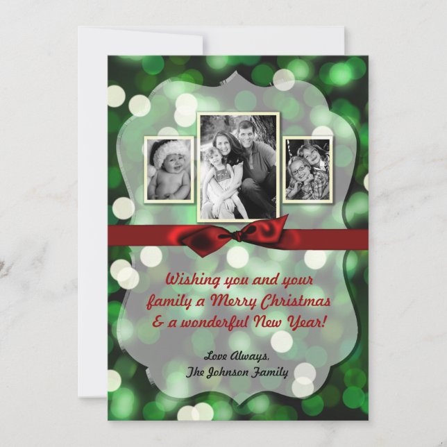 5x7 XMAS Noël Vert Bokeh Lumières Carte photo (Devant)