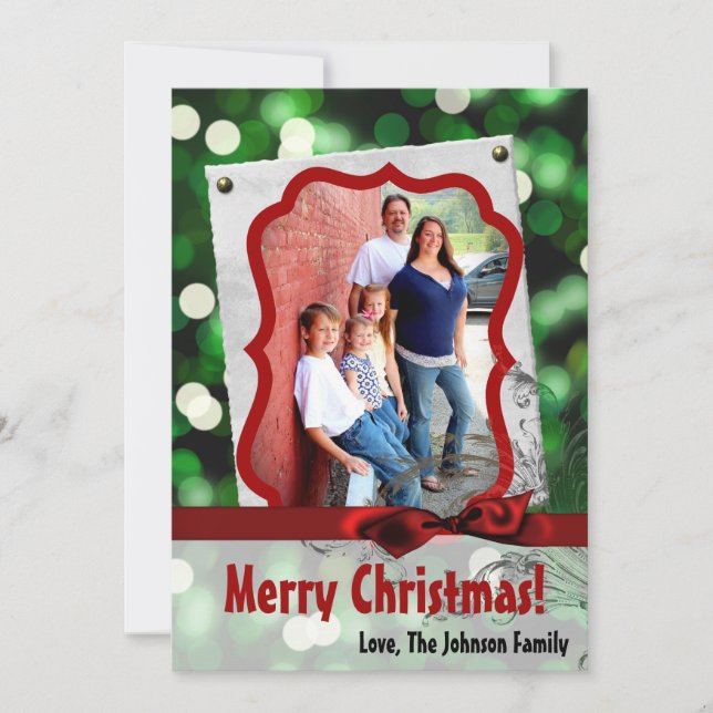 5x7 XMAS Noël Vert Bokeh Lumières Carte photo (Devant)