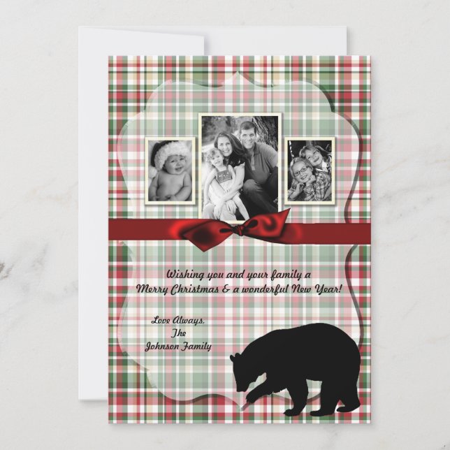 5x7 XMAS Red Christmas Plaid Bear Fabri PHOTO Card (Front)
