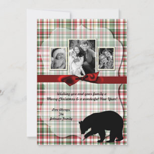 5x7 XMAS Red Christmas Plaid Bear Fabri PHOTO Card