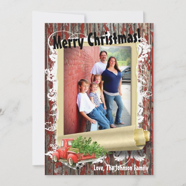 5x7 XMAS Red Christmas Truck Tree Wood PHOTO Card (Front)