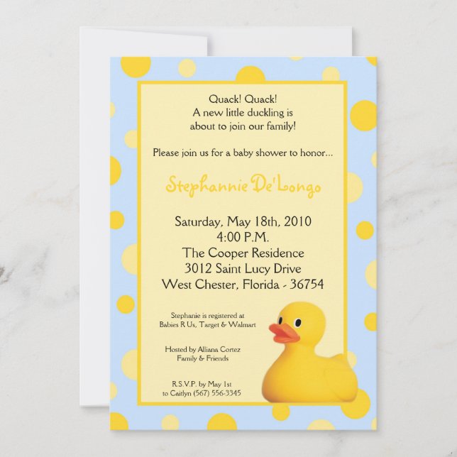 5x7 Yellow Blu Rubber Ducky Baby Shower Invitation (Front)