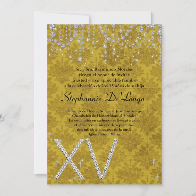 5x7 Yellow Diamond Quinceanera Birthday Invitation (Front)