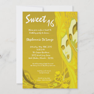 5x7 Yellow Masquerade Sweet 16 Birthday Invitation