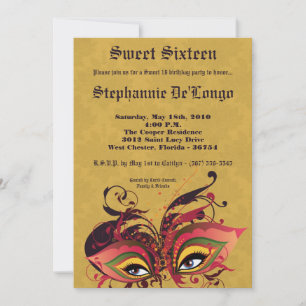 5x7 Yellow Masquerade Sweet 16 Birthday Invitation