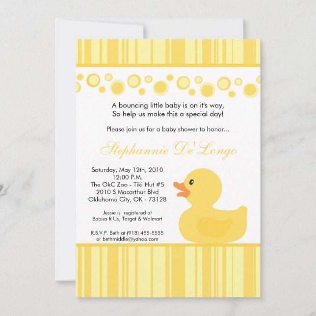 5x7 Yellow Rubber Ducky Baby Shower Invitation (Front)